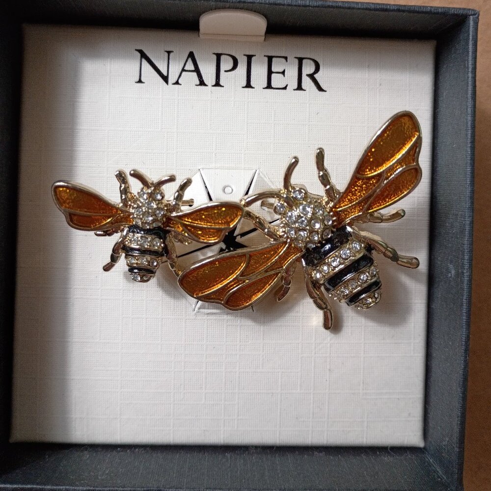 Napier Double Bumblebee Silver Yellow Black Gem Brooch Fairy Cottagecore Jewelry